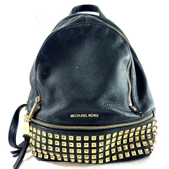 Michael Kors Rhea Zip Studded Black Pebbled Leather Backpack Gold Hardware - Picture 1 of 10